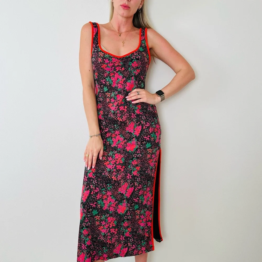 Free People Maxi Dress Boho with Pink Dark Floral Detail Side slits - Picture 4 of 14